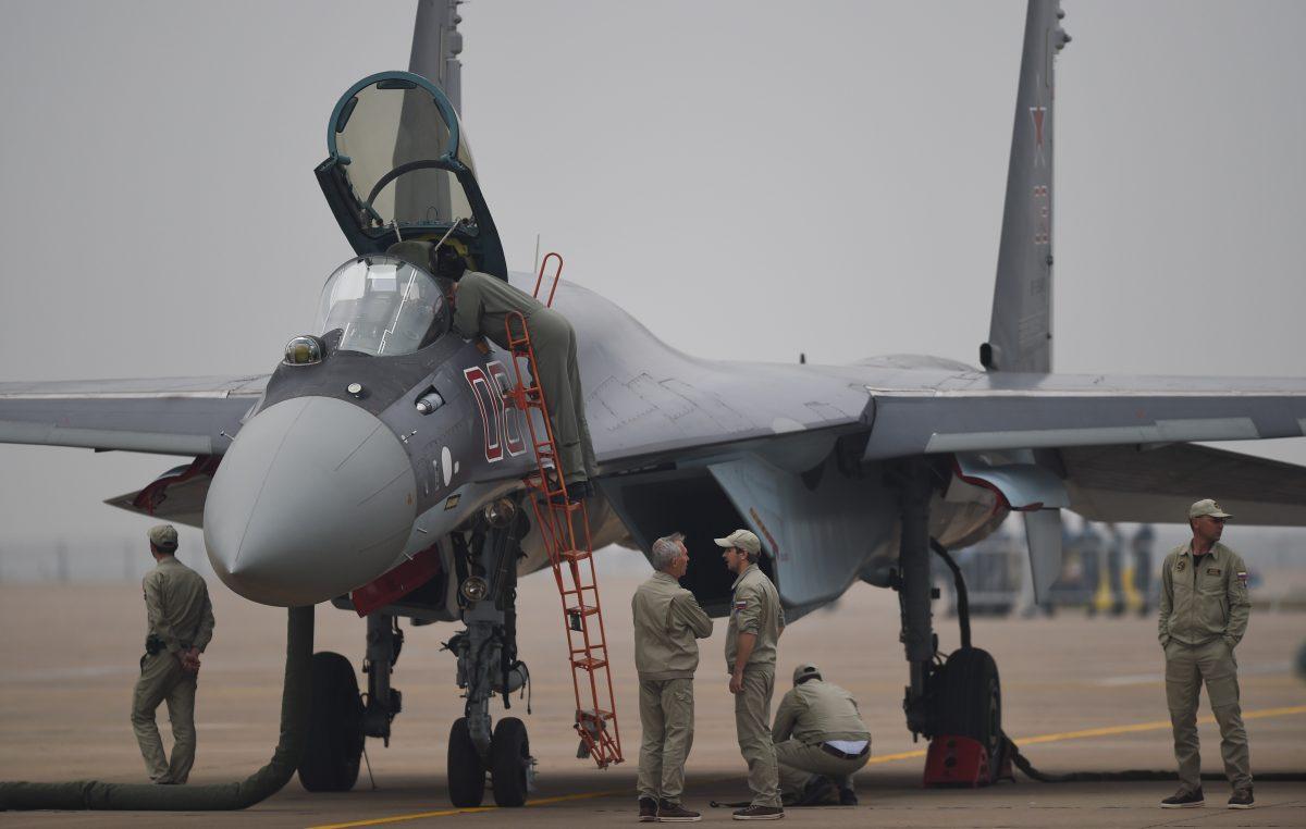 A Sukhoi Su-35 fighter jet is displayed in Zhuhai, China, on Nov. 10, 2014. (Johannes Eisele/AFP/Getty Images)