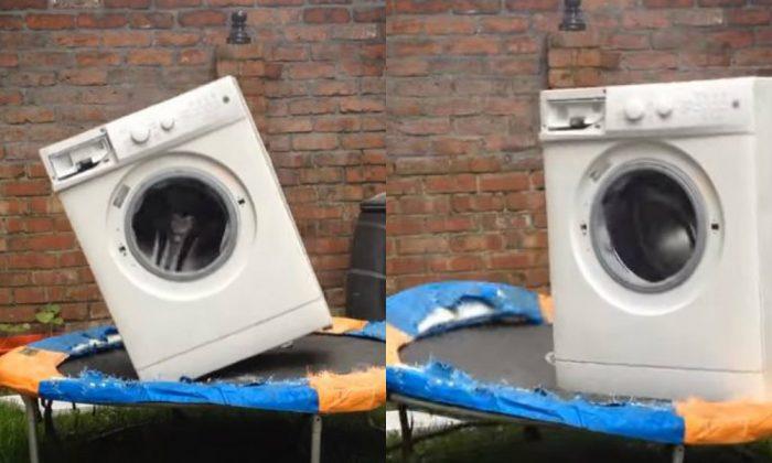 WATCH: Chaos a Brick Causes in a Washing Machine Bouncing on a Trampoline