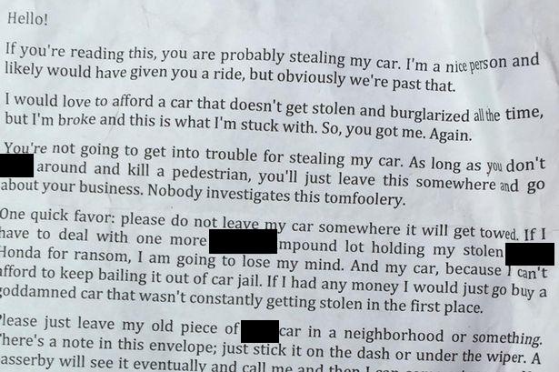 Woman Leaves Very Polite Note to Thieves Who Keep Stealing Her Car - and It Worked