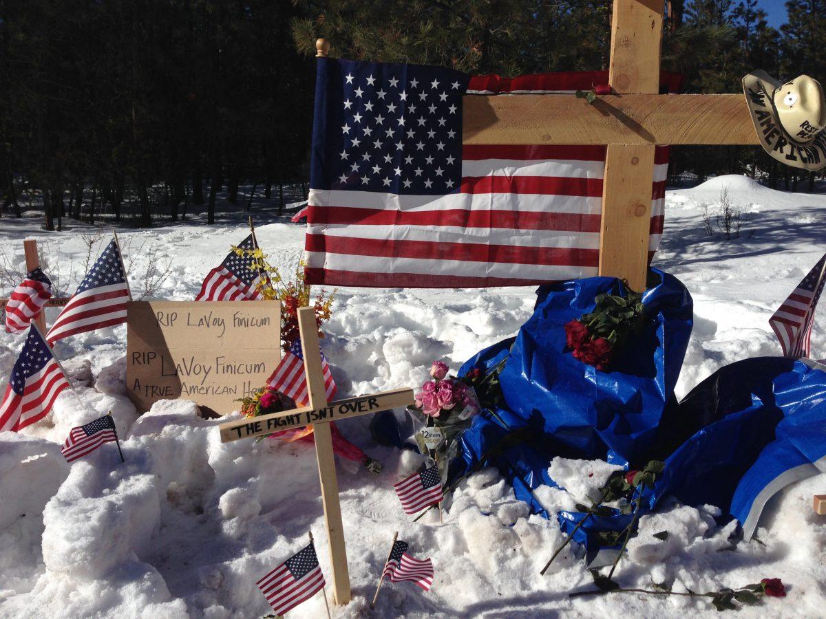 A makeshift roadside memorial for rancher LaVoy Finicum stands on a highway north of Burns, Ore., on Jan. 31, 2016. Finicum was killed in a confrontation with the FBI and Oregon State Police on a remote road. (Nick K. Geranios/AP Photo)