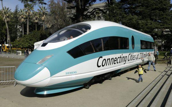 A full-scale mock-up of a high-speed train is displayed at the Capitol in Sacramento, Calif., on Feb. 26, 2015. (AP Photo/Rich Pedroncelli)