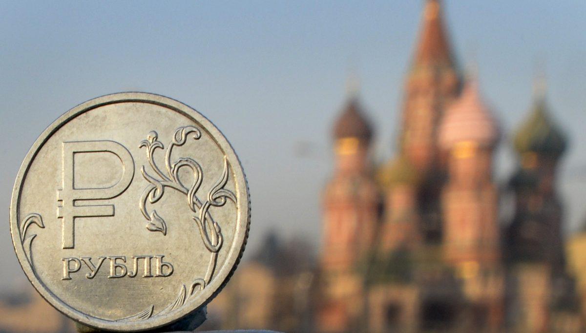 A Russian ruble coin in front of St. Basil Cathedral in Moscow on Nov. 20, 2014. (Alexander Nemenov/AFP/Getty Images)