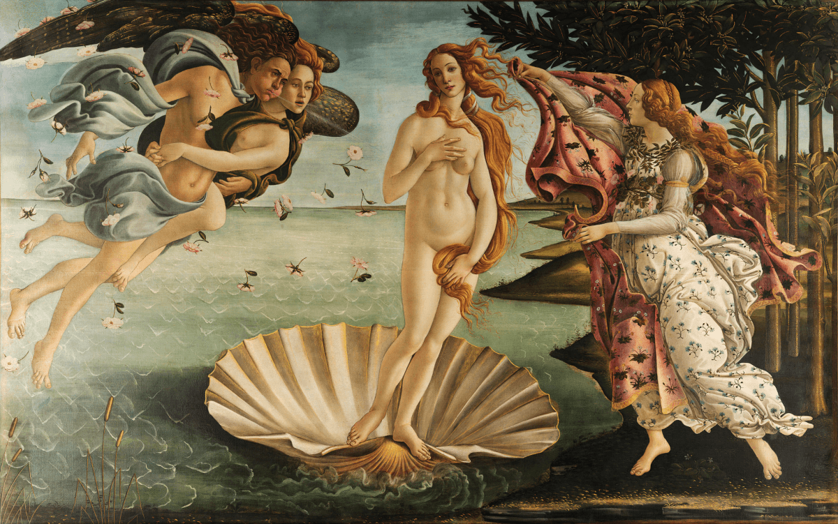 "The Birth of Venus," 1486, by Sandro Botticelli. Uffizi Gallery, Florence, Italy. (Public Domain)