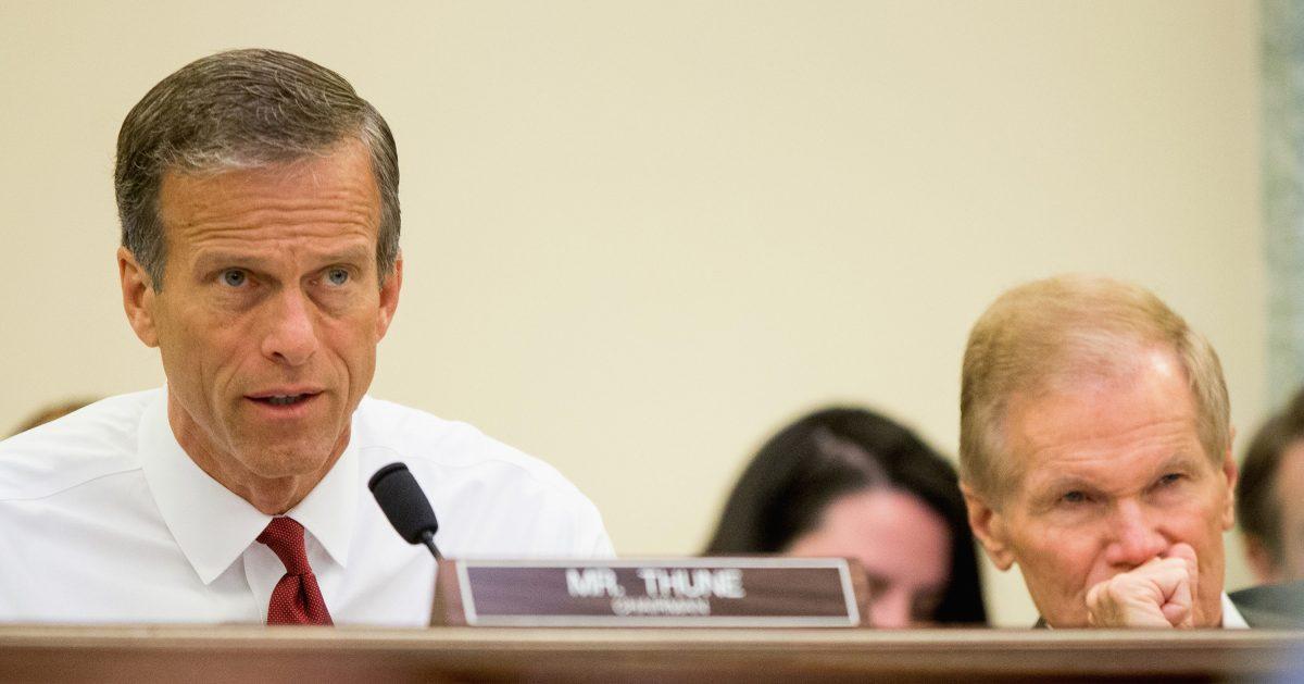 Chairman John Thune (R-S.D.) (L) speaks during a Senate Commerce, Science, and Transportation hearing on Capitol Hill in Washington on June 10, 2015. (Andrew Harnik, File/AP Photo)