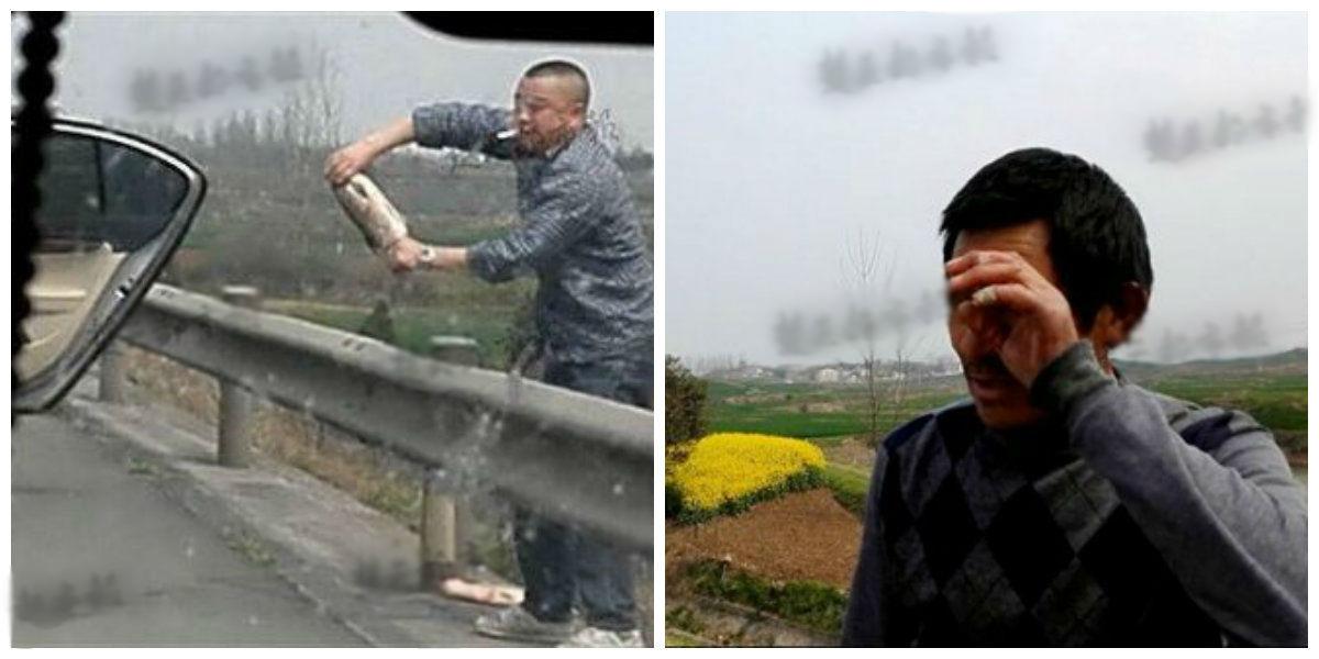 Chinese Fisherman Tears Up Seeing His Fish Looted on Highway