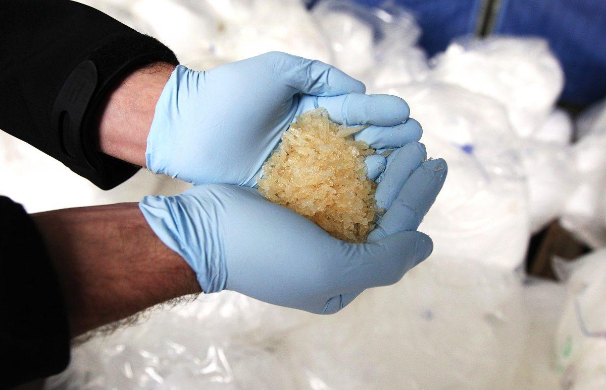Confiscated crystal meth drug is displayed to journalists during a press conference at the German federal police headquarters in Wiesbaden, western Germany, on Nov. 13, 2014. North Korea is a major global exporter of crystal meth. (Daniel Roland/AFP/Getty Images)