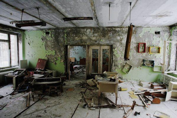 The remnants of an abandoned classroom is seen in a pre-school in the deserted town of Pripyat on Jan. 25, 2006  (Daniel Berehulak/Getty Images)