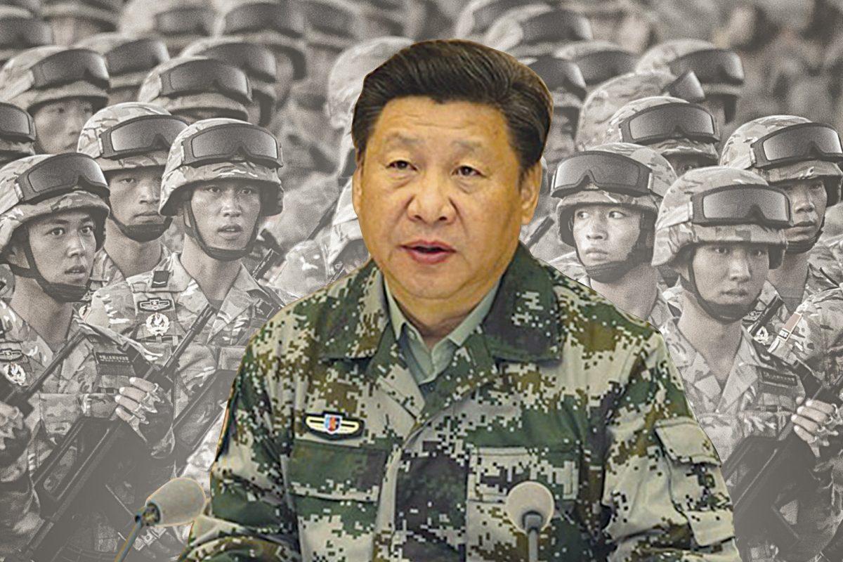 Xi Jinping, in an army camouflage uniform, visits the Joint Command Headquarters (JCH) after being named commander-in-chief of the JCH of the Central Military Commission (CMC) on April 20, 2016. (The Epoch Times/composite photo)