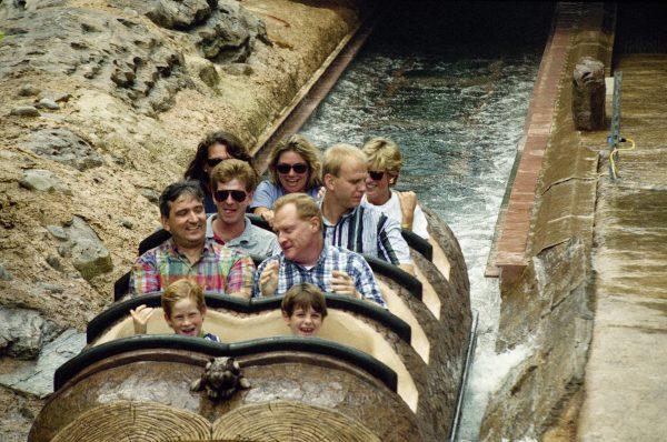 Prince Harry, front row left, and family friend Harry Soames, right, ride of Splash Mountain at Walt Disney World in Lake Buena Vista, Florida on Thursday, August 26, 1993. Riding at back right is Princess Diana. Diana, Harry and Prince William are spending a few private days at the Magic Kingdom. (AP Photo/Peter Cosgrove)