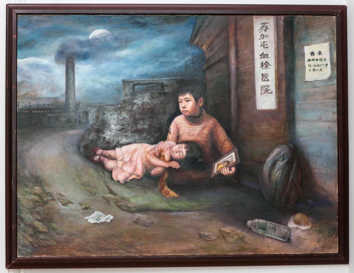 The painting “Mom where are you?” by artist Li Jinyu at an exhibition by Artists Against Forced Organ Harvesting (AAFOH) featuring artwork about human rights abuses in China, in New York on May 10, 2016. (Benjamin Chasteen/Epoch Times)