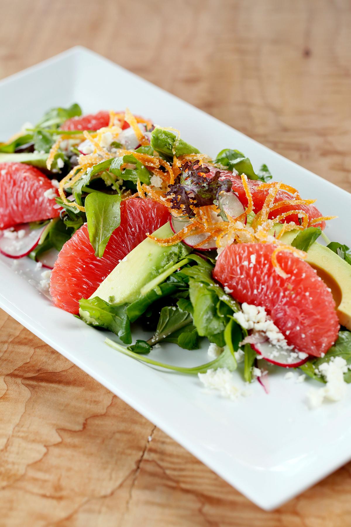 Ruby grapefruit salad with Asian lettuces and candied grapefruit zest at Tinker Street. (Courtesy of Tinker Street)