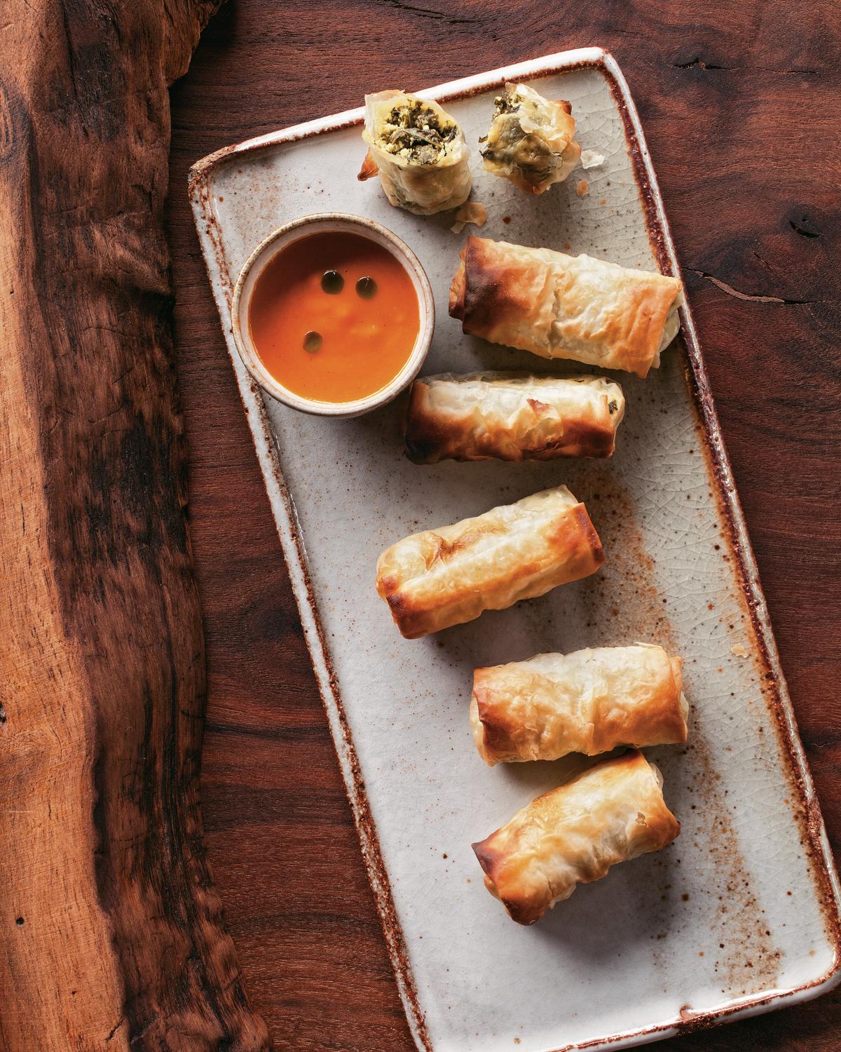 Kale Spanakopita with Harissa Sauce and Mint Oil