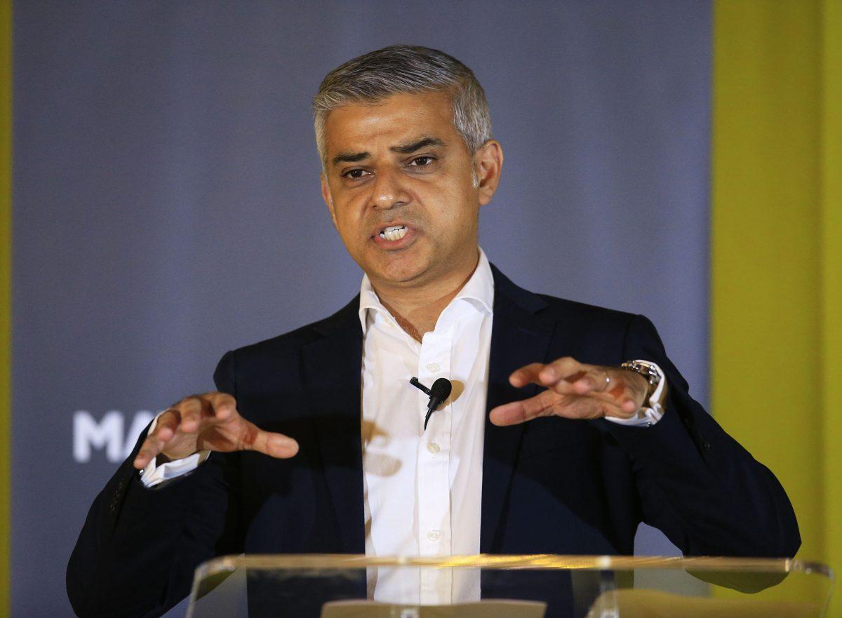Mayor of London, Sadiq Khan, speaks during an event in east London, on May 26, 2016. (Jonathan Brady/PA via AP)