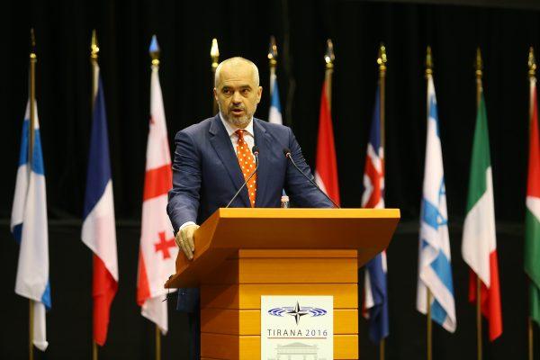 Albanian Prime Minister Edi Rama at the NATO Parliamentary Assembly spring session in Tirana urging alliance members to include the Western Balkans, especially Kosovo, in their ranks to increase regional and global security, on May 30, 2016. (Hektor Pustina/AP Photo)