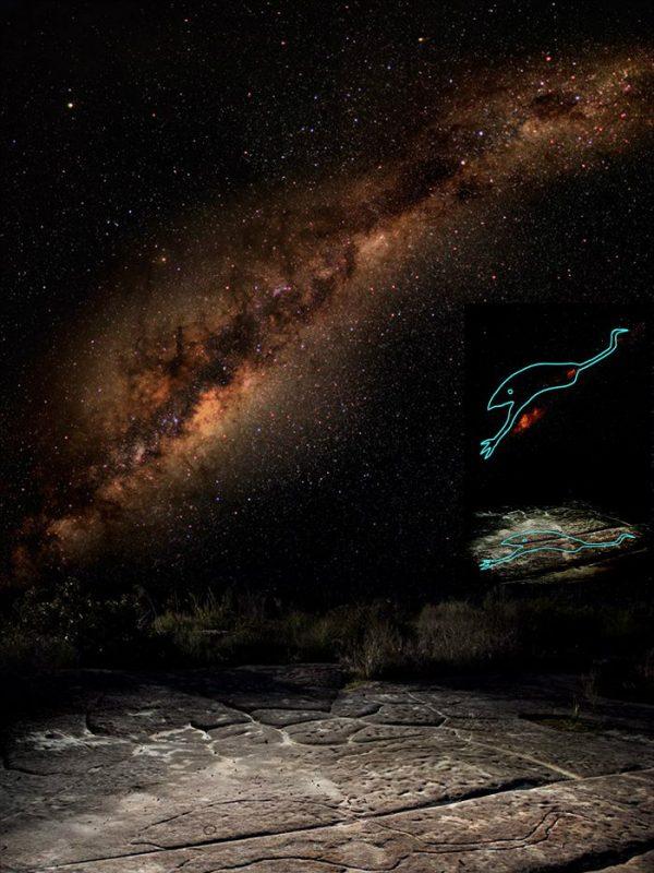 The Aboriginal "emu-in-the-sky" constellation stands above the emu engraving in Ku-ring-gai Chase National Park. (Supplied/Barnaby Norris)