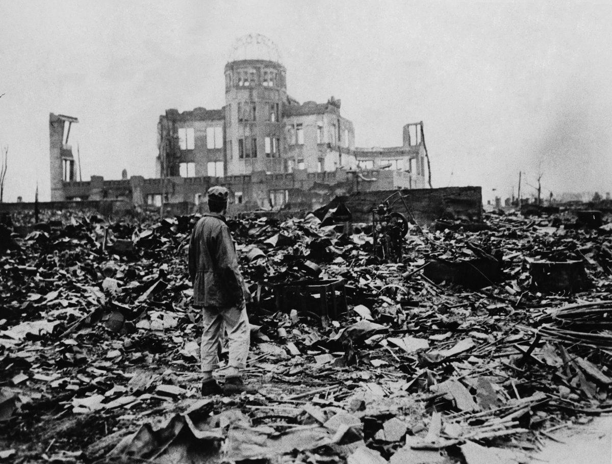 A man looks over the expanse of ruins left by the explosion of the atomic bomb in Hiroshima, Japan, on Aug. 6, 1945. (AP Photo)