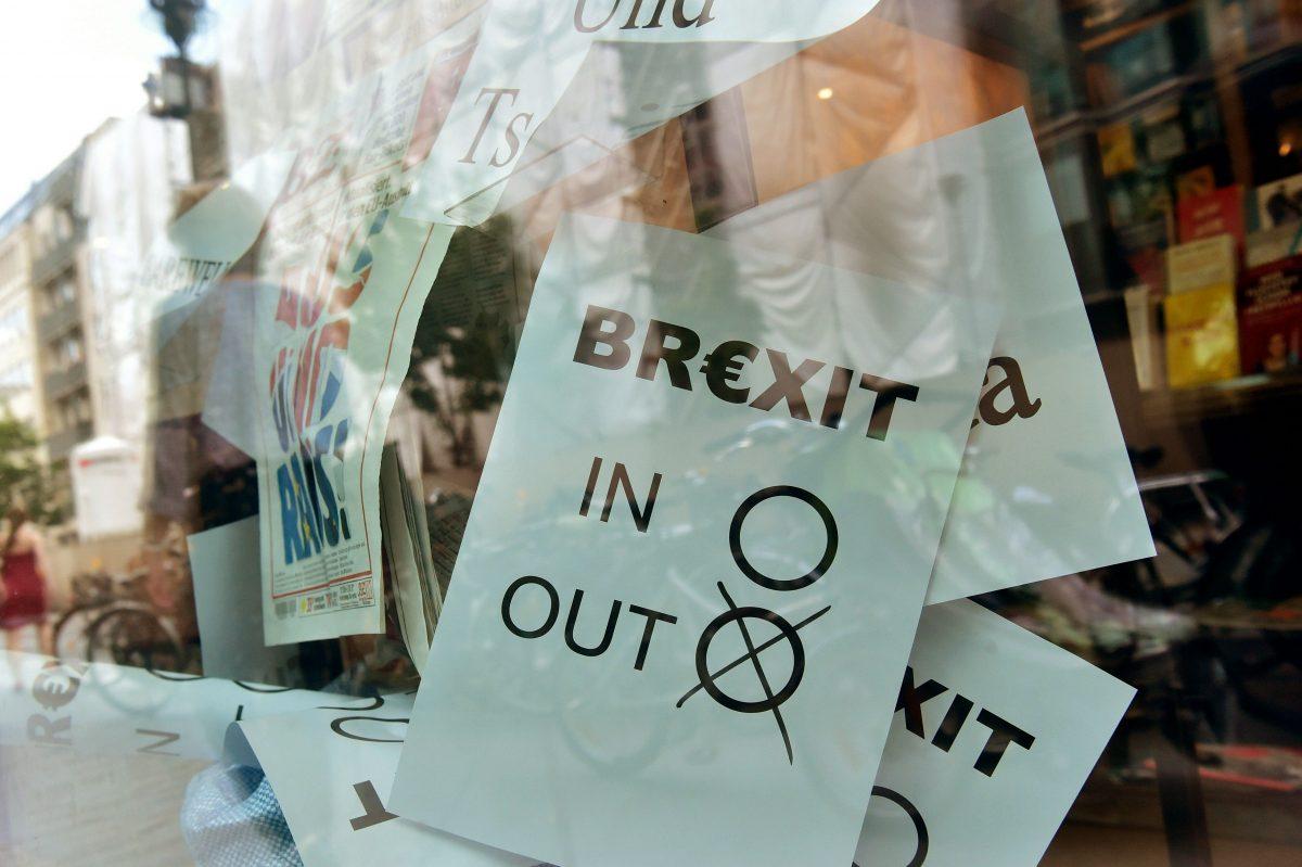A poster featuring a Brexit vote ballot with "out" tagged is on display at a bookshop window in Berlin on June 24, 2016. (John Macdougall/AFP/Getty Images)