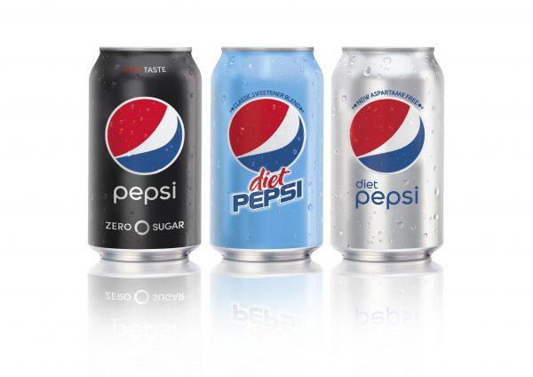 This image provided by PepsiCo shows Pepsi Zero Sugar, from left, Diet Pepsi Classic Sweetener Blend and Diet Pepsi. Pepsi MAX will be re-introduced to U.S. consumers in fall 2016 as Pepsi Zero Sugar and will contain aspartame. Diet Pepsi Classic Sweetener Blend will contain aspartame in its formula. (PepsiCo via AP)