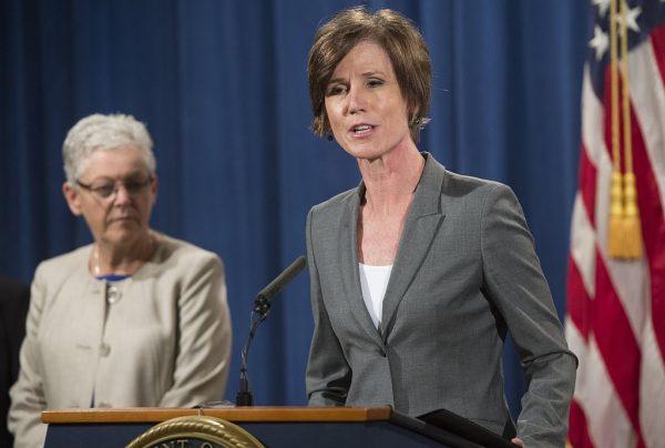Deputy Attorney General Sally Yates (R) speaks alongside Environmental Protection Agency (EPA) Administrator Gina McCarthy during a press conference to announce environmental and consumer relief in the Volkswagen litigation at the Department of Justice in Washington, on June 28, 2016. (Saul Loeb/AFP via Getty Images)