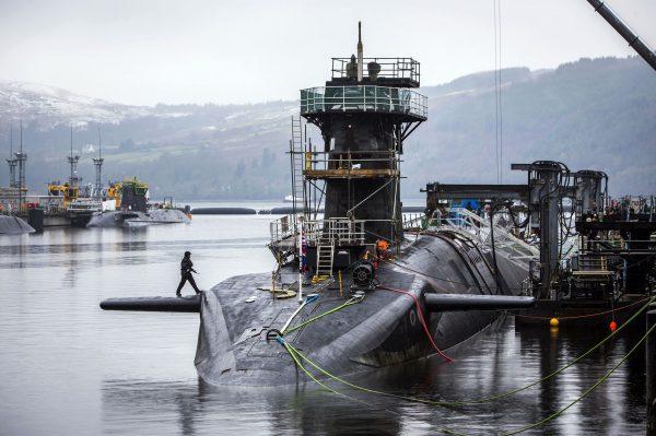A Vanguard-class submarine, HMS Vigilant, at HM Naval Base Clyde in Faslane, Scotland, on Jan. 20, 2016. (Danny Lawson/PA via AP)
