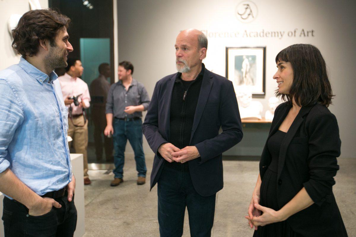 (L–R) Jordan Sokol, Daniel Graves, and Amaya Gurpide at the opening of the "Consecrated Reality" exhibit at The Florence Academy of Art–U.S. branch on May 1, 2016. (Milene Fernandez/Epoch Times)
