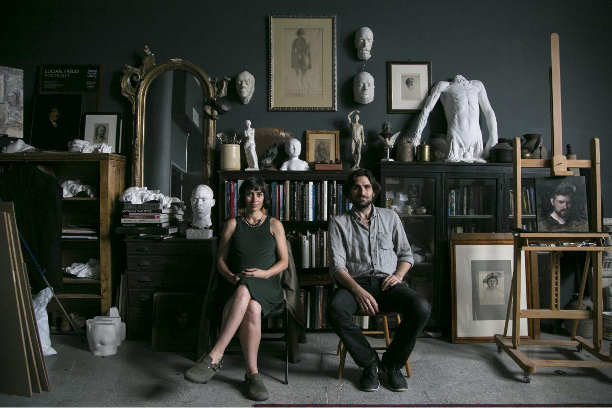 Amaya Gurpide and Jordan Sokol in Sokol's studio at The Florence Academy of Art–U.S. branch, on Aug. 1, 2016. (Samira Bouaou/Epoch Times)