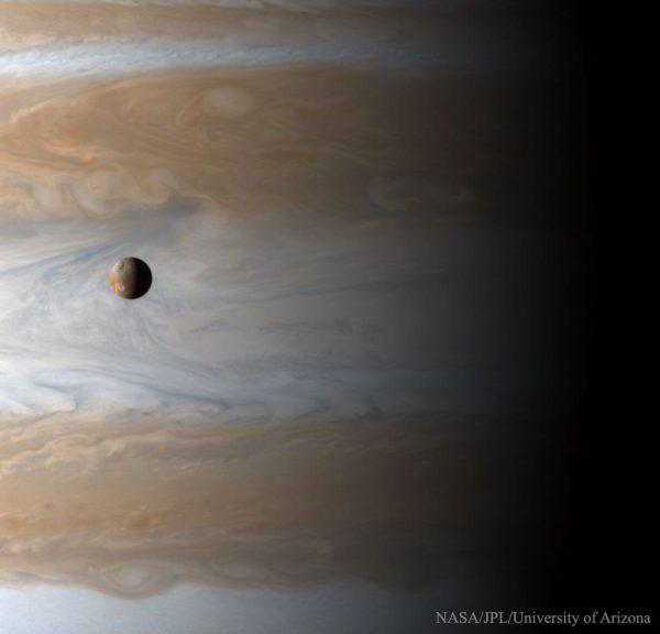How big is Jupiter's moon Io? The most volcanic body in the Solar System, Io (usually pronounced "EYE-oh") is 3,600 kilometers in diameter, about the size of Earth’s moon. (Cassini Imaging Team, SSI, JPL, ESA, NASA)
