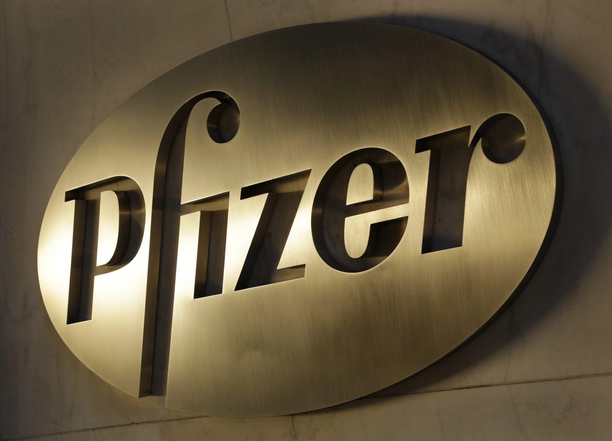 The Pfizer logo is displayed at world headquarters in New York on Nov. 23, 2015. (Mark Lennihan/AP Photo, File)