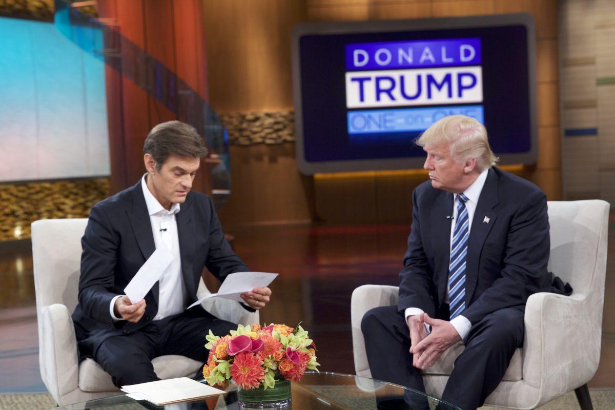 This undated image released by Sony Pictures Entertainment shows Dr. Oz (left) and Donald Trump during a taping of "The Dr. Oz Show" in New York. (Sony Pictures Entertainment via AP)