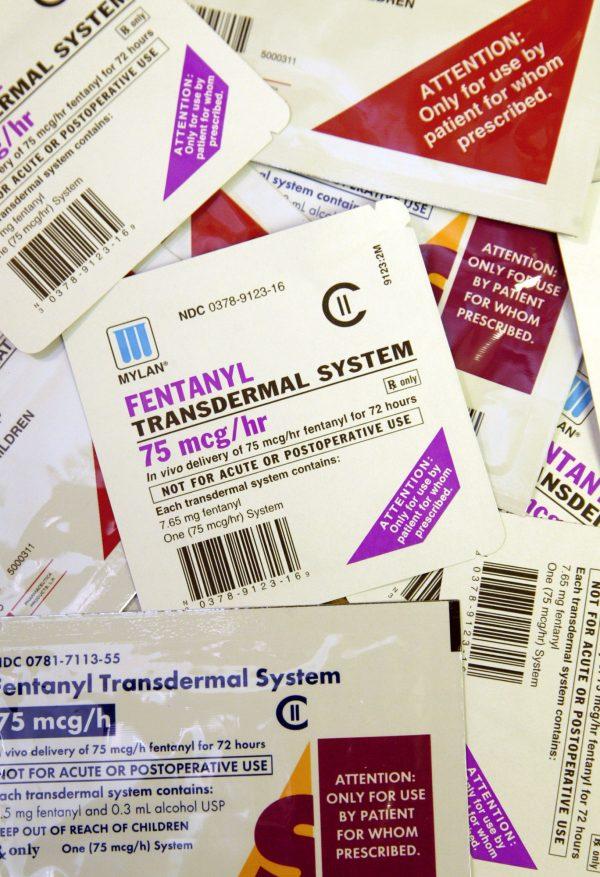FILE - This April 26, 2006, file photo shows different brands and dosages of fentanyl patches in St. Louis. Fentanyl is a narcotic that is typically administered to people with chronic pain, including end-stage cancer patients. It is also used as an anesthetic. It is considered 80 times more powerful than morphine and can kill by inhibiting breathing. (AP Photo/Tom Gannam, File)