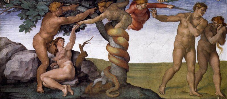 "Fall and Expulsion from Garden of Eden" by Michelangelo. Sistine Chapel. (PD-Art)