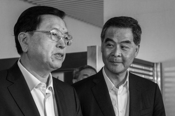 Former Politburo Standing Committee member (left) Zhang Dejiang and former Hong Kong chief executive Leung Chun-ying in Hong Kong on May 19, 2016. (Anthony Wallace/AFP/Getty Images)