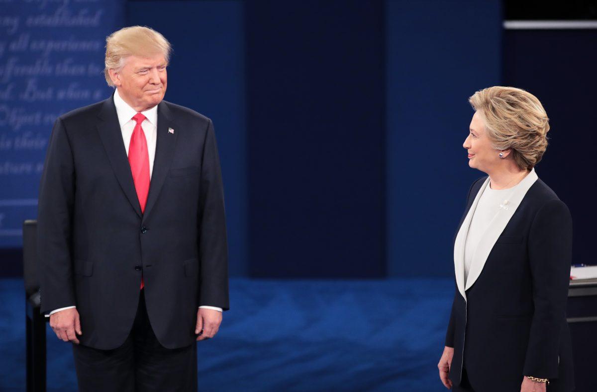 Donald Trump (L) and Hillary Clinton during a town hall debate at Washington University in St. Louis, Missouri, on Oct. 9, 2016. (Scott Olson/Getty Images)