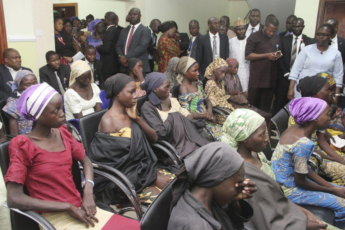 Freed Chibok schoolgirls sit during a meeting with Nigeria Vice President, Yemi Osinbajo, in Abuja, Nigeria, on Oct. 13, 2016. (Sunday Aghaeze/Nigeria State House via AP)