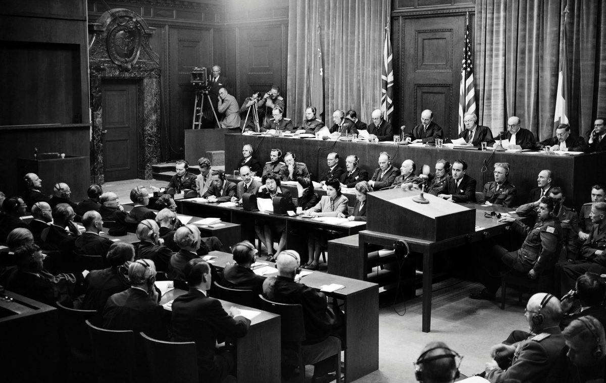 View of the judges bench in Nuremberg International Military Tribunal (IMT) court taken in September 1946, during the war crimes trial of nazi leaders during World War II. (AFP/Getty Images)