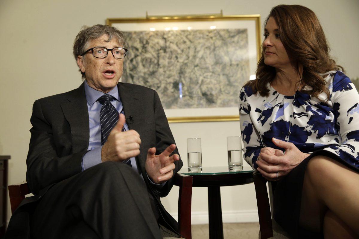 Bill and Melinda Gates talk to reporters in New York on Feb. 22, 2016. (Seth Wenig/AP Photo)
