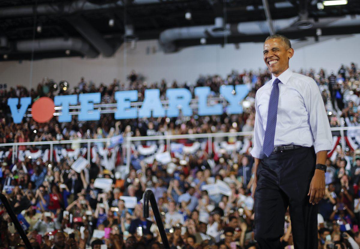 President Barack Obama smiles as he arrives to speak at a campaign rally for Democratic presidential candidate Hillary Clinton at the University of North Florida in Jacksonville, Fla., on Nov. 3, 2016. (AP Photo/Pablo Martinez Monsivais)