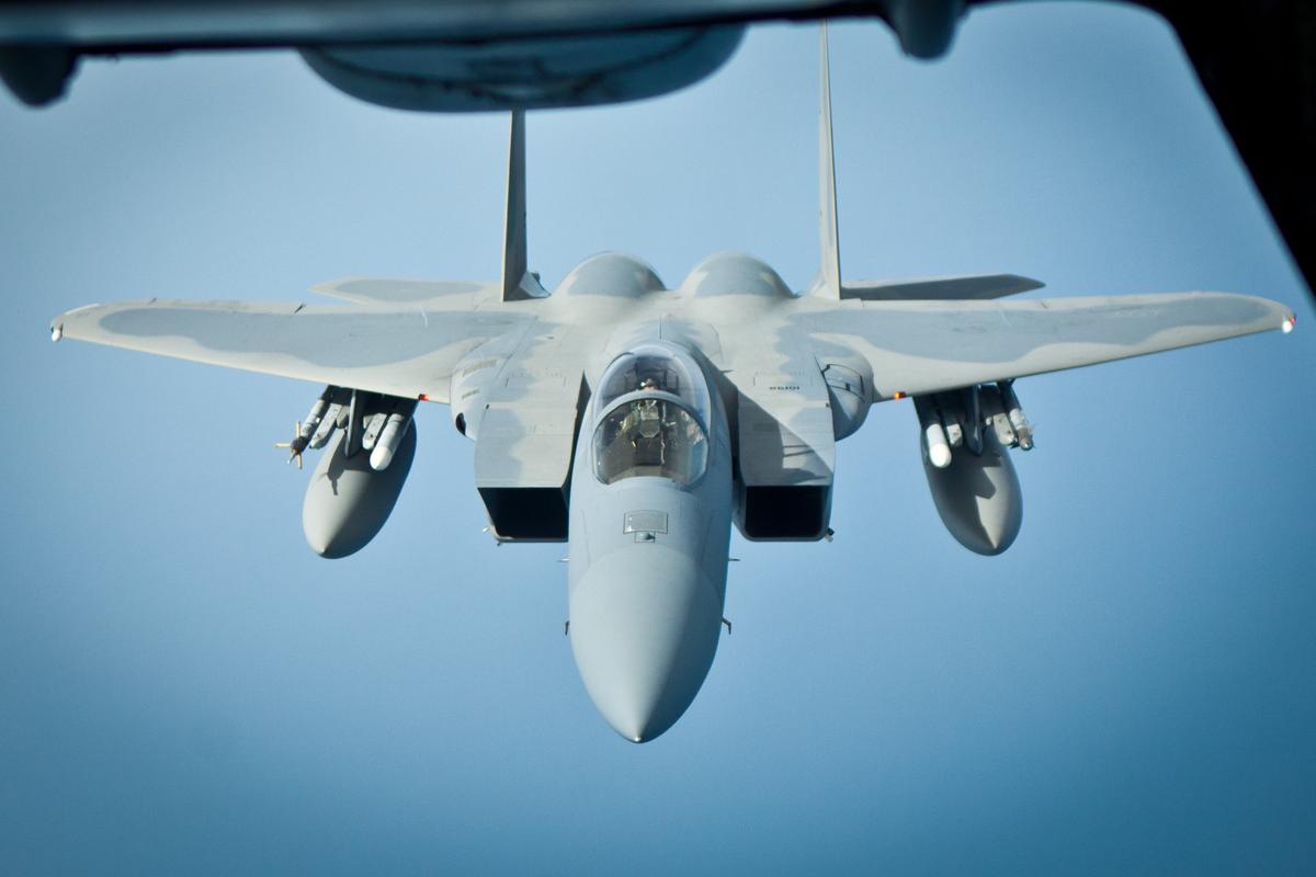 F-15 Eagle jet fighters, like that seen here, are also among the aircraft participating in Vigilant Ace. Like the F-16, it is also an air superiority fighter jet meant to take out enemy aircraft and achieve air dominance. (Benjamin Chasteen/The Epoch Times)