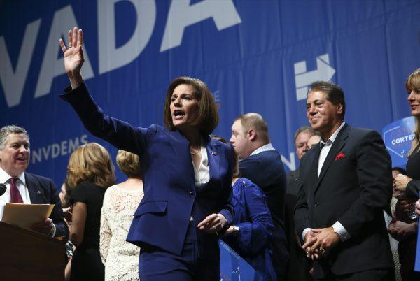 Sen. Catherine Cortez Masto (D-Nev.) waves to supporters after her victory at an election watch party in Las Vegas on Nov. 9, 2016. (AP Photo/Chase Stevens)
