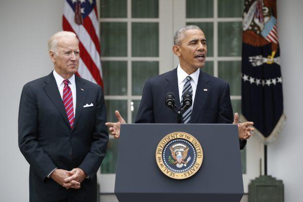 President Barack Obama, accompanied by Vice President Joe Biden, speaks in the election in the Rose Garden of the White House in Washington, on Nov. 9, 2016. (AP Photo/Pablo Martinez Monsivais)