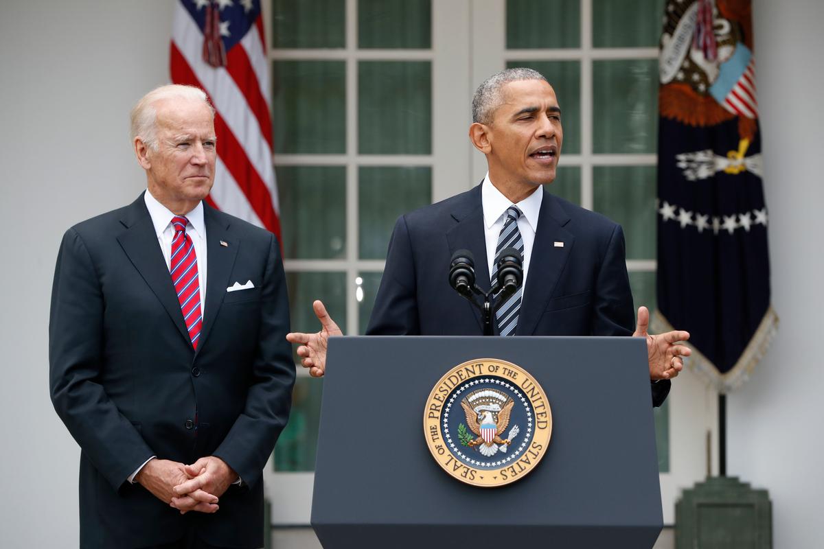 President Barack Obama, accompanied by Vice President Joe Biden, speaks in the Rose Garden of the White House on Nov. 9, 2016. (AP Photo/Pablo Martinez Monsivais)