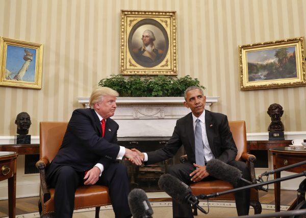Then-president Barack Obama and then-President-elect Donald Trump shake hands following their meeting in the Oval Office of the White House in Washington on Nov. 10, 2016. (AP Photo/Pablo Martinez Monsivais)