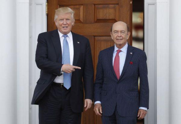 President-elect Donald Trump (L) stands with investor Wilbur Ross after meeting at the Trump National Golf Club Bedminster clubhouse in Bedminster, N.J., on Nov. 20, 2016. (AP Photo/Carolyn Kaster)