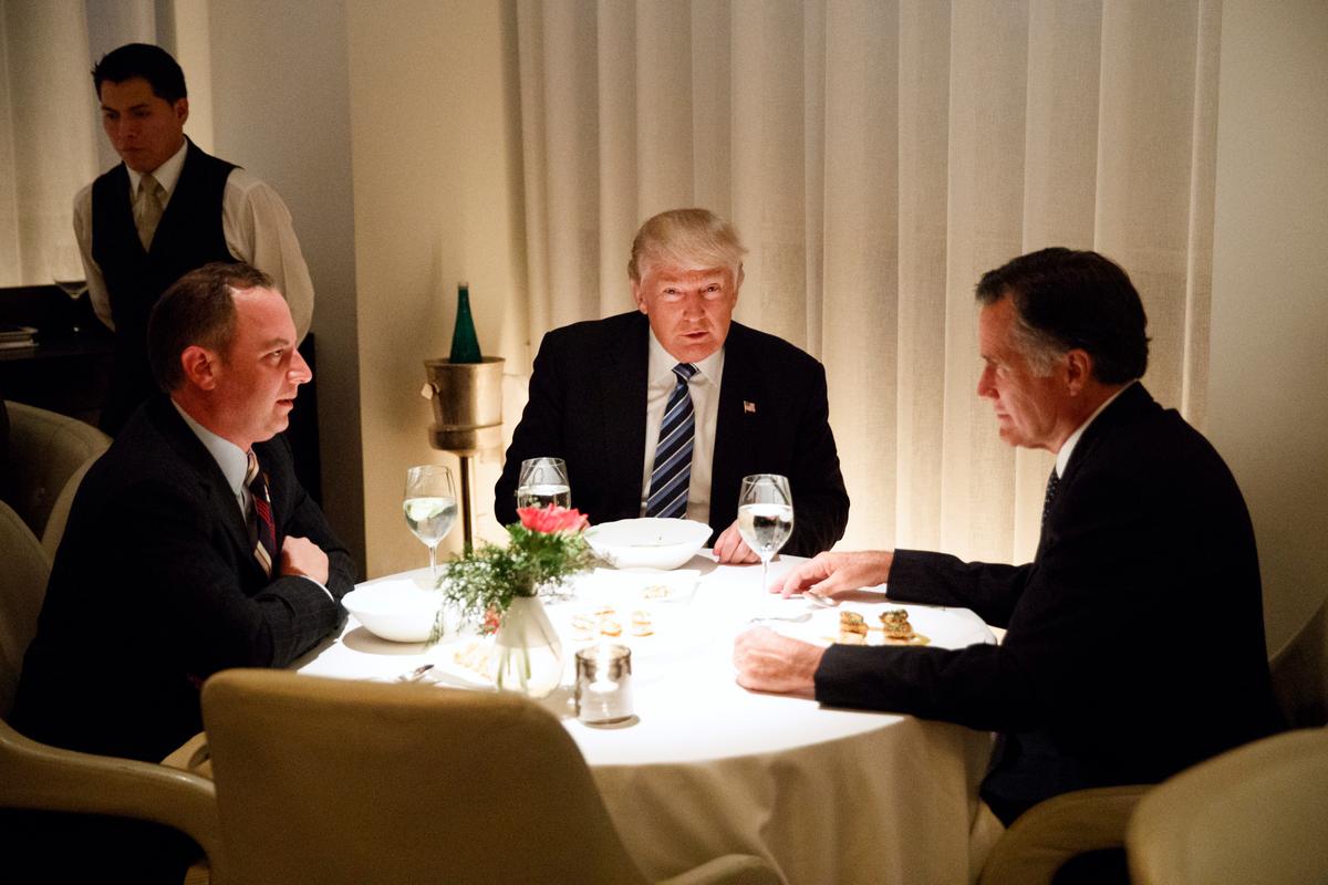 President-elect Donald Trump (C) eats dinner with Mitt Romney (R) and Trump Chief of Staff Reince Priebus at Jean-Georges restaurant in New York on Nov. 29, 2016. (AP Photo/Evan Vucci)