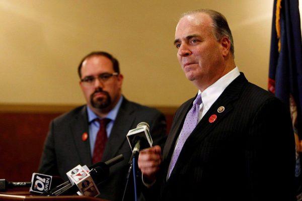 Democrat Rep. Dan Kildee (R) addresses the media at the state Capitol in Lansing, Mich., on June 8, 2015.  (The Canadian Press/ Danielle Duval/Lansing State Journal via AP)