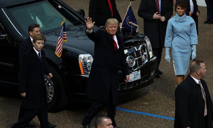 Trumps Step out of Cars Twice on Parade Route