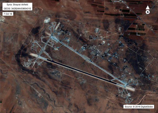 Shayrat Airfield in Homs, Syria in an image released by the Pentagon after announcing U.S. forces conducted a cruise missile strike against the Syrian Air Force airfield. (DigitalGlobe/U.S. Department of Defense)