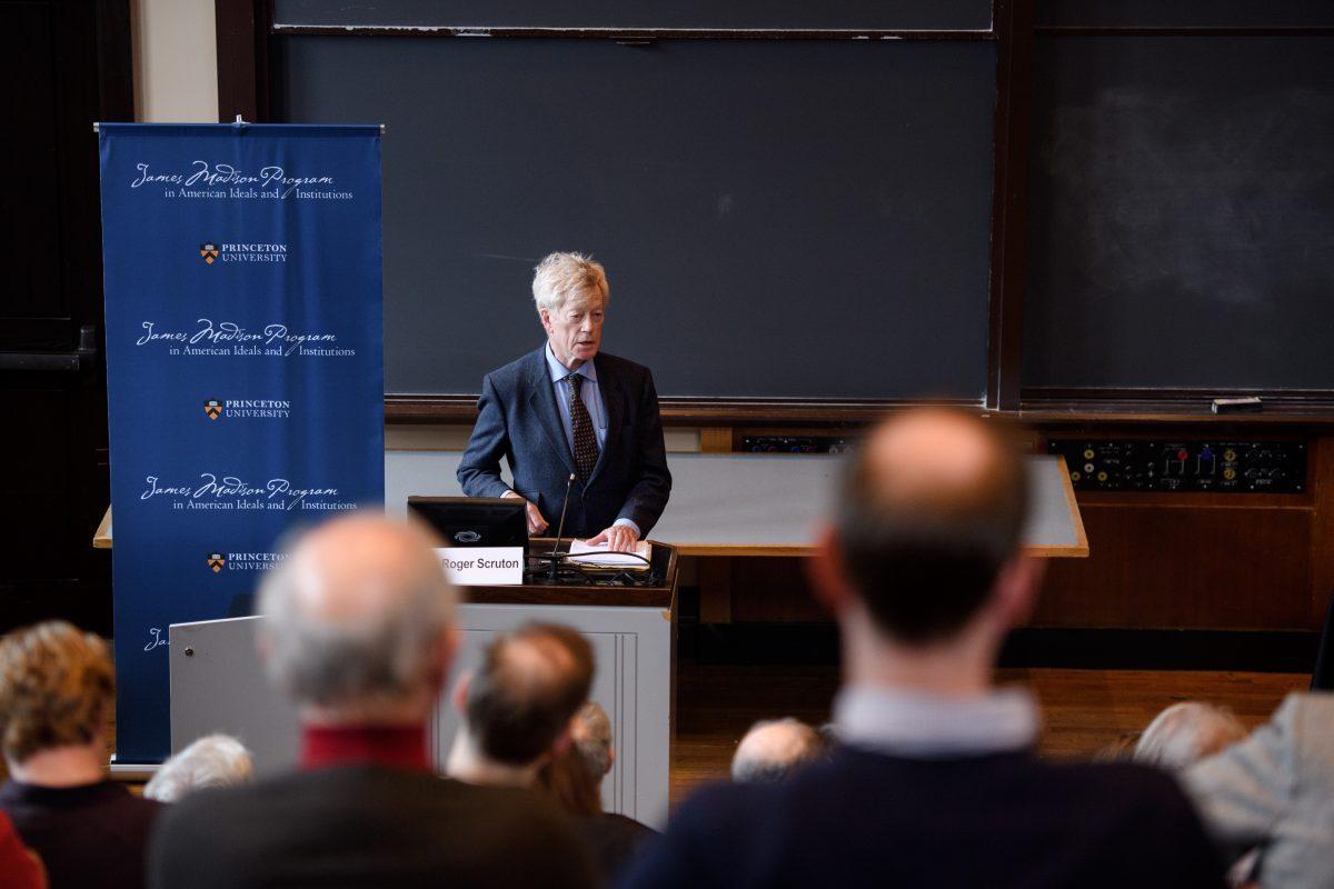 Sir Roger Scruton, writer, philosopher, and senior fellow at the Ethics and Public Policy Center, gives a public lecture at the James Madison Program in American Ideals and Institutions event, "The Achievements of Sir Roger Scruton," at Princeton University on April 3, 2017. (Sameer A. Khan)