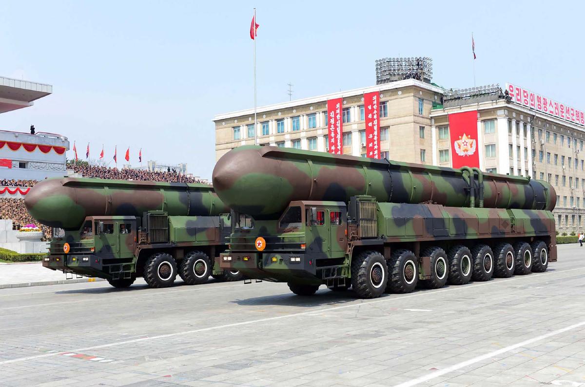Ballistic missiles are displayed in a military parade in Pyongyang, North Korea on April 16. (STR/AFP/Getty Images)