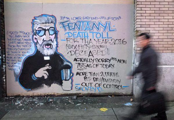 A mural in the Downtown Eastside of Vancouver by street artist Smokey D. painted as a response to the fentanyl and opioid overdose crisis, Dec. 22, 2016. (The Canadian Press/Darryl Dyck)